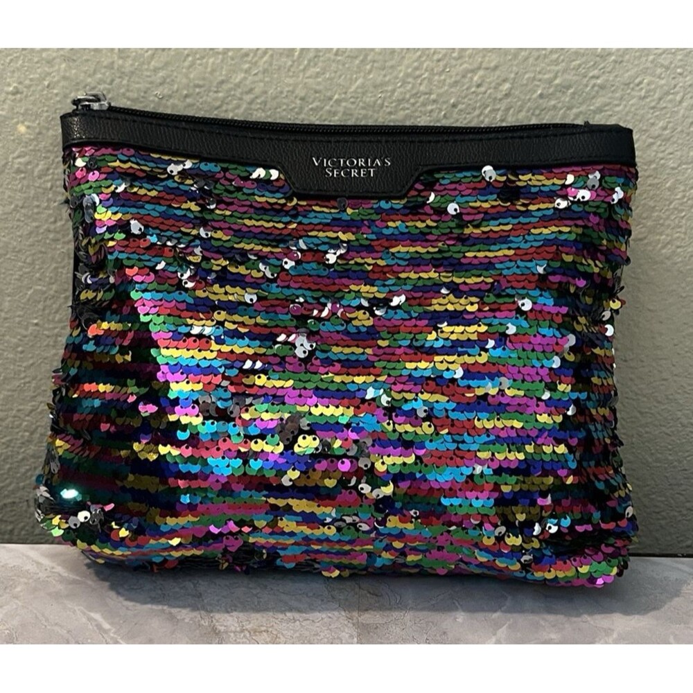 Victoria's Secret Multicolor Sequin Cosmetic Makeup Bag Clutch Black Rainbow Zip